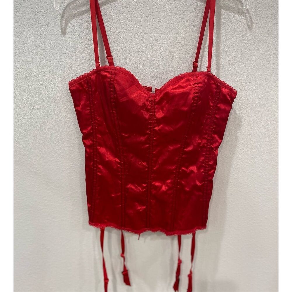 Red Lace-Up Corset Bustier garter Top Women's SZ XL Seven till midnight w/thong